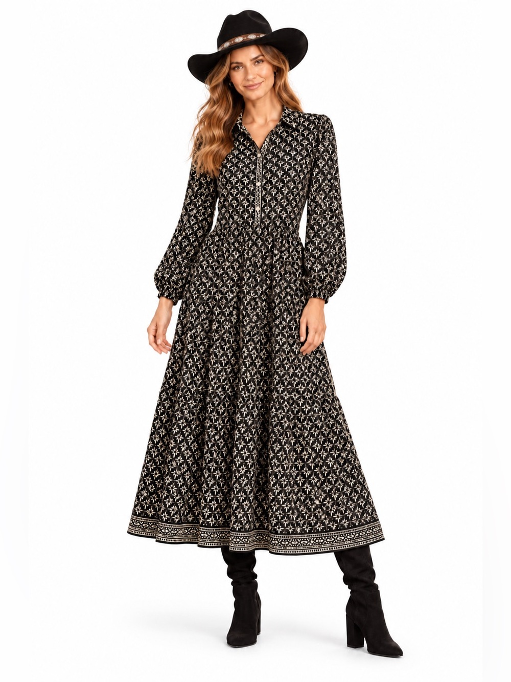 Max Studio Black and Cream Printed Long-Sleeve Maxi Dress Size Medium NWT